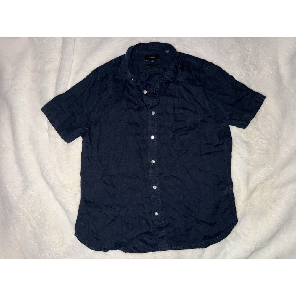Vince Button Up Shirt Mens Medium Blue Linen Short Sleeve Classic Fit